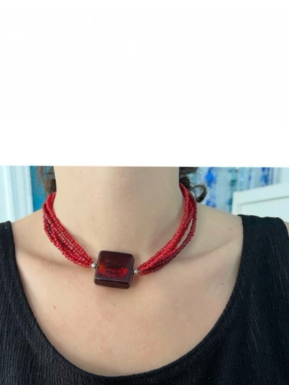 🇨🇦70s Artisan 6-Strand Choker Art Glass Pendant •Multi-Tonal Red Seed Beads